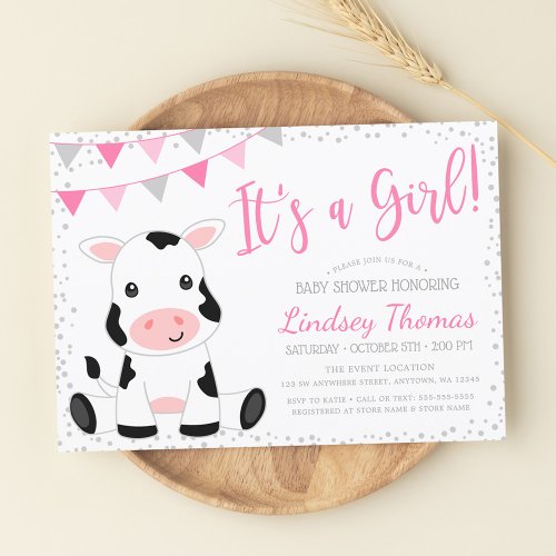 Pink Its a Girl Cow Baby Shower Invitation