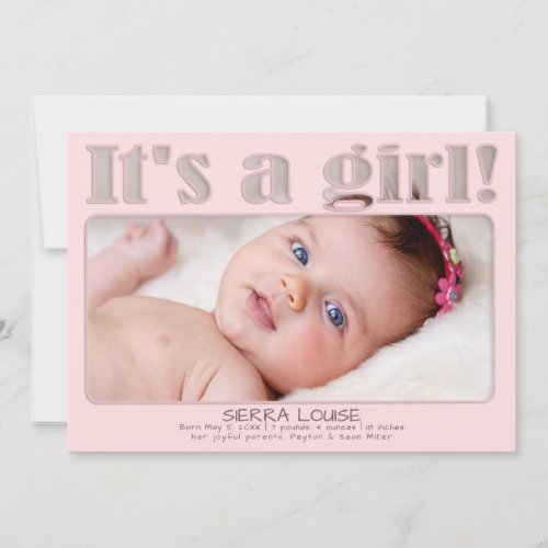 Pink Its A Girl Custom New Baby Photo Birth Announcement