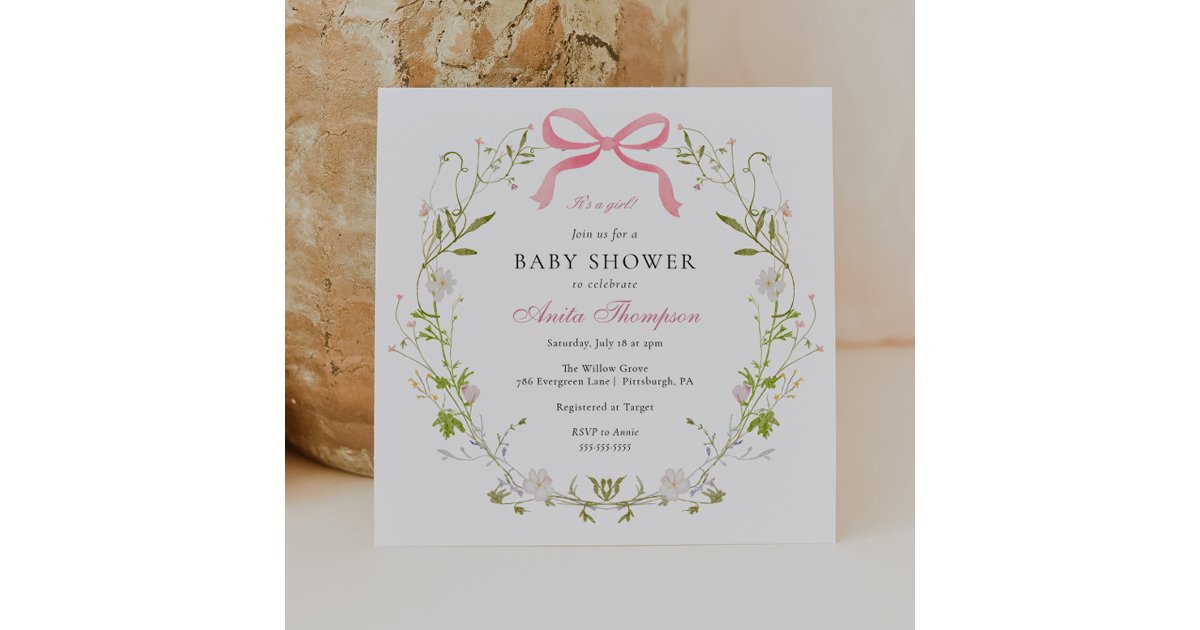 Pink It's a Girl Floral Bow Baby Shower Invitation | Zazzle