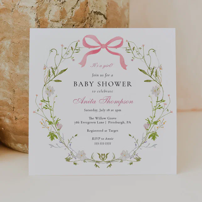 Pink It's a Girl Floral Bow Baby Shower Invitation | Zazzle