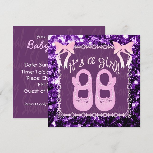 Pink Its a Girl Purple sparkles Baby shower Invite (Front/Back)