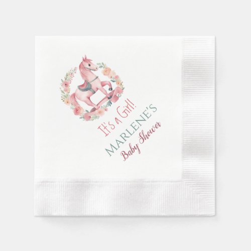 Pink Its A Girl Rocking Horse Baby Shower Napkins