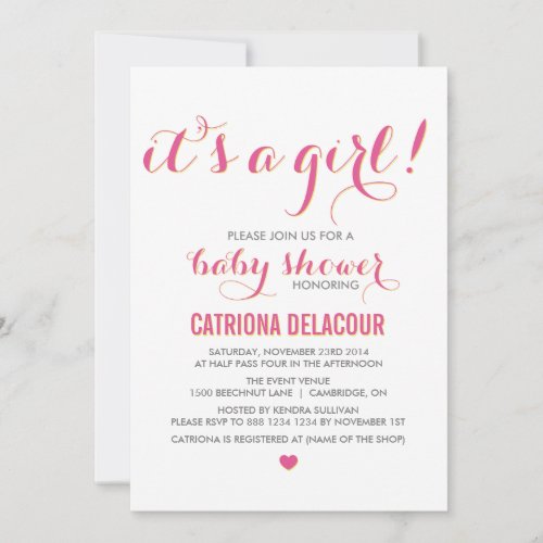 Pink It's a Girl Typography Baby Shower Invitation