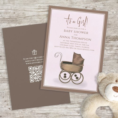 Pink Its A Girl Vintage Carriage Gift Registry  Invitation