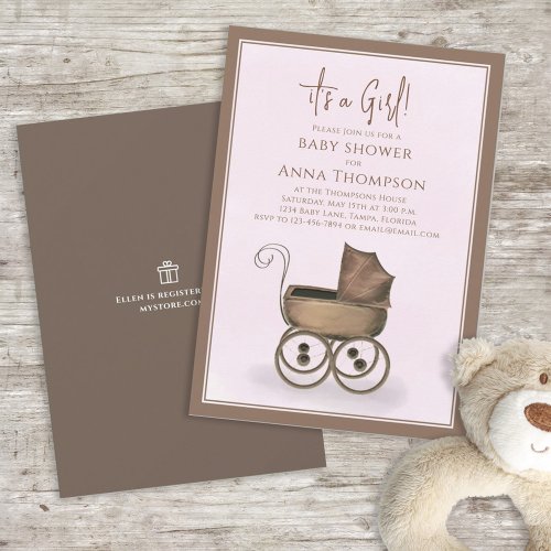 Pink Its A Girl Vintage Carriage Gift Registry Invitation