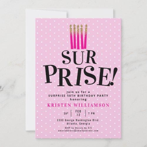 Pink Its a Surprise Gold Glitter 50th Birthday Invitation