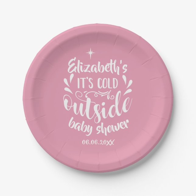 Pink Its Cold Outside Baby Shower/Sprinkle Paper Plates (Front)