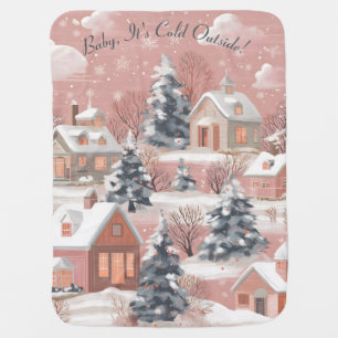Pink Its Cold Scandinavian Woodland Winter Village Baby Blanket