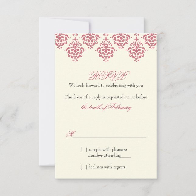 Pink Ivory Arabesque Damask Floral Wedding RSVP Invitation (Front)