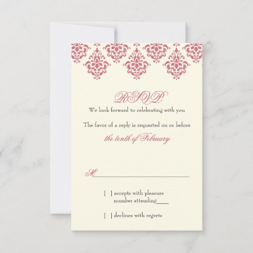 Pink Ivory Arabesque Damask Floral Wedding RSVP Custom Invitations