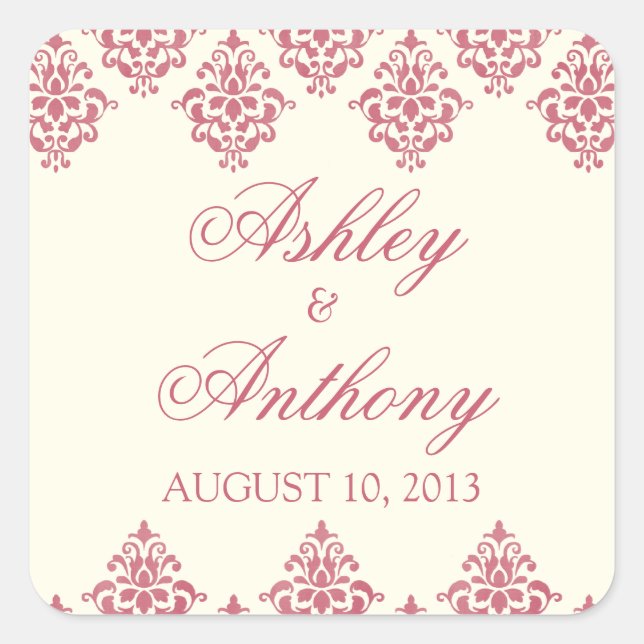 Pink Ivory Arabesque Damask Wedding Seal Stickers (Front)