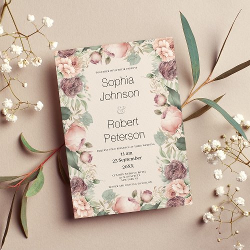 Pink ivory burgundy mint peony floral Wedding Invitation