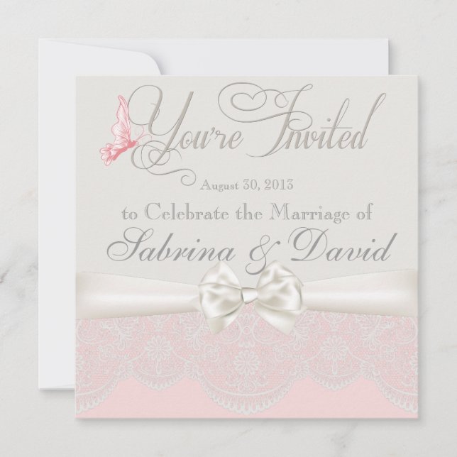 Pink & Ivory Butterflies and Lace Invitation (Front)