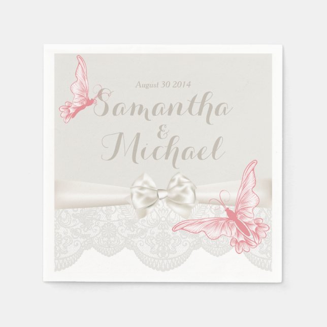 Pink & Ivory Butterflies and Lace Napkins (Front)