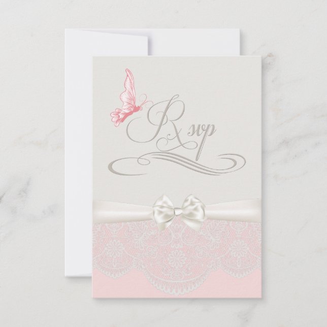 Pink & Ivory Butterflies and Lace RSVP (Front)