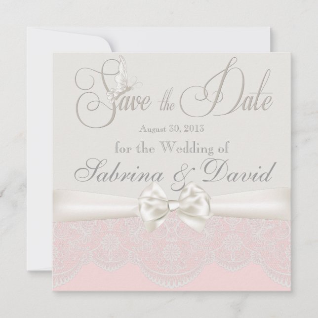Pink & Ivory Butterflies and Lace Save the Date (Front)