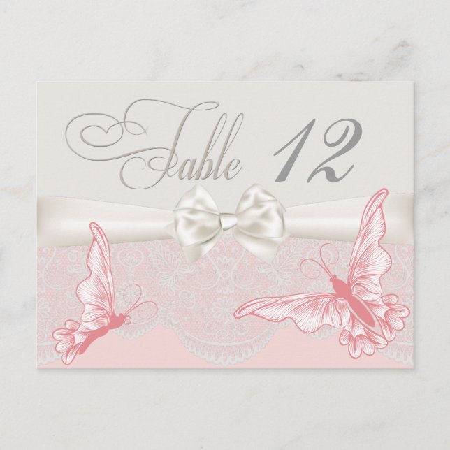 Pink & Ivory Butterflies and Lace Table Card (Front)