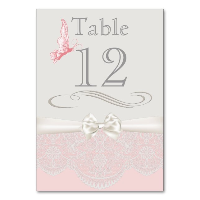Pink & Ivory Butterflies and Lace Table Card (Front)