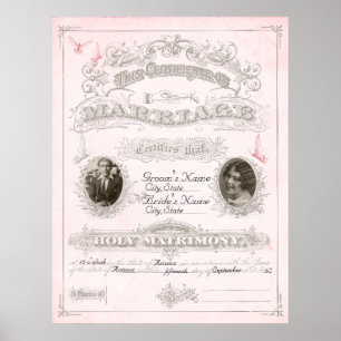 Pink & Ivory Butterfly Marriage Certificate Poster