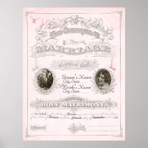 Pink  Ivory Butterfly Marriage Certificate Poster