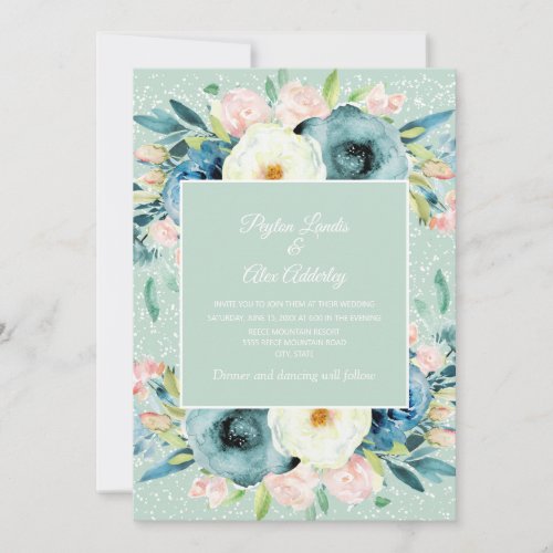 Pink Ivory Cream Floral Stardust Mint Wedding Invitation