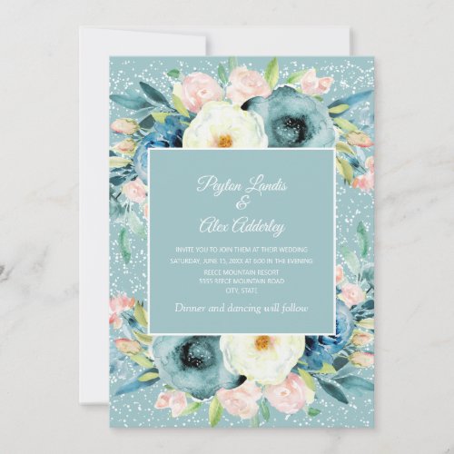 Pink Ivory Cream Floral Stardust Teal Wedding Invitation