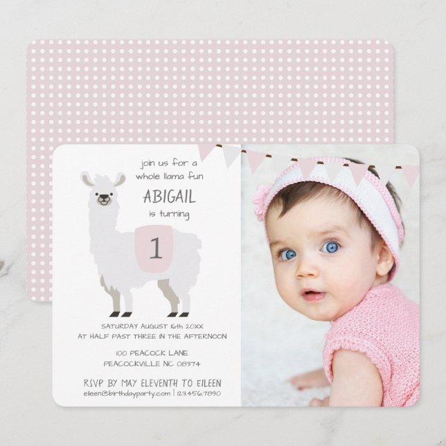Pink & Ivory Cute Llama Kids Birthday Party Invitation (Front/Back)