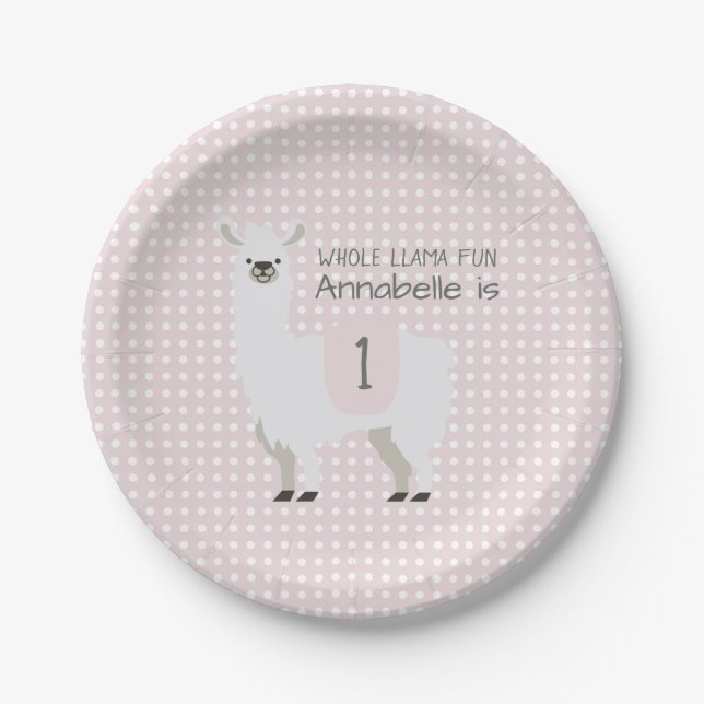 Pink & Ivory Cute Llama Kids Birthday Party Paper Plates (Front)