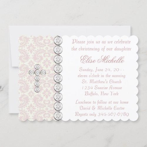 Pink Ivory Damask Cross Baby Girl Christening Custom Invites