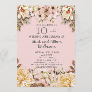 Pink Ivory Floral 10th Wedding Anniversary Invitation