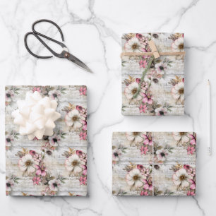 Pink & Ivory Floral on Textured Background Wrapping Paper Sheets