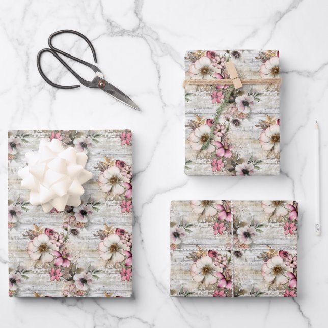 Pink & Ivory Floral on Textured Background  Wrapping Paper Sheets (Front)