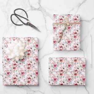 Pink & Ivory Flowers on White Wrapping Paper Sheets