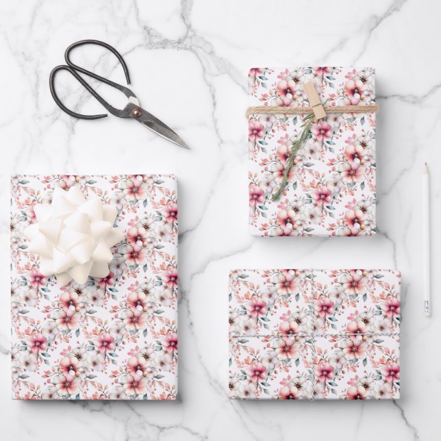 Pink & Ivory Flowers on White Wrapping Paper Sheets (Front)