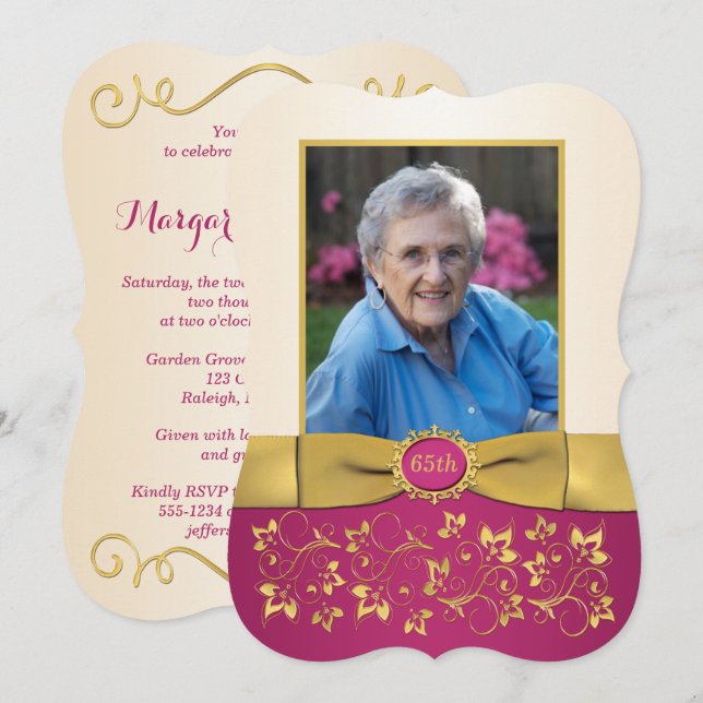 Pink, Ivory, Gold 65th Photo Birthday Invitation (Front/Back)