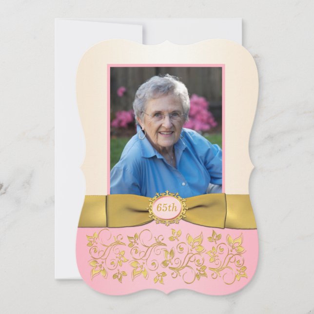 Pink, Ivory, Gold 65th Photo Birthday Invitation (Front)
