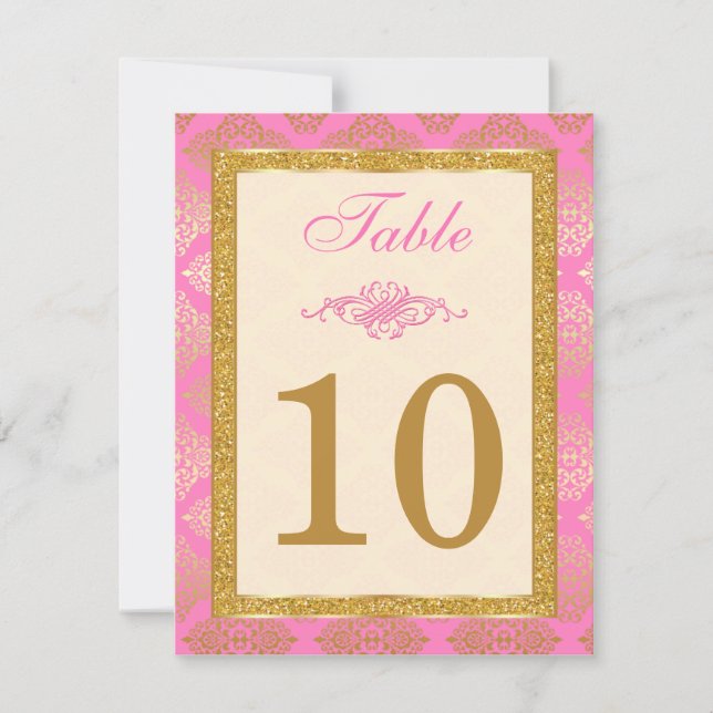 Pink, Ivory, Gold Glitter, Damask Table Number (Front)