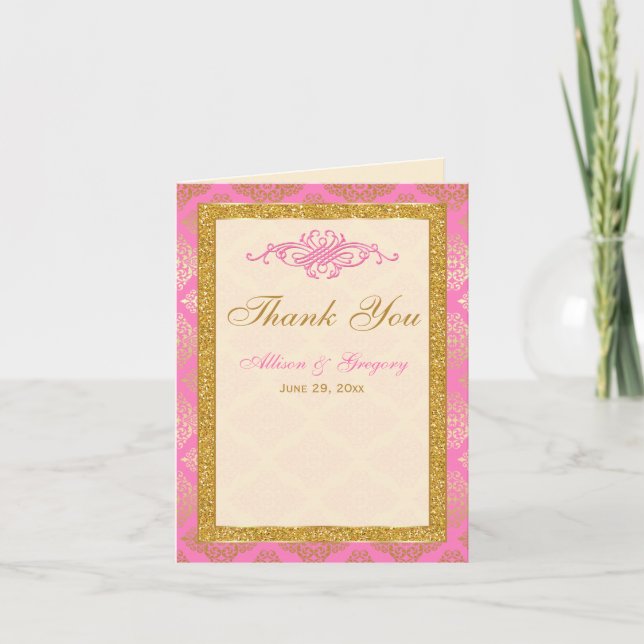 Pink Ivory Gold Glitter, Damask Thank You Card (Front)