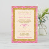 Pink, Ivory, Gold Glitter, Damask Wedding Invite (Standing Front)