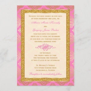 Pink, Ivory, Gold Glitter, Damask Wedding Invite