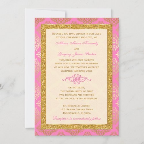 Pink Ivory Gold Glitter Damask Wedding Invite