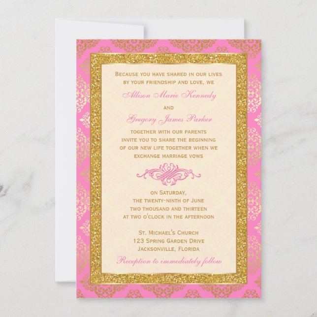 Pink, Ivory, Gold Glitter, Damask Wedding Invite (Front)