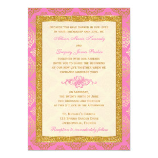 Pink, Ivory, Gold Glitter, Damask Wedding Invite