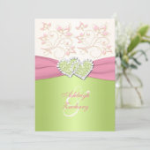 Pink Ivory Green Joined Hearts Monogram Invitation (Standing Front)