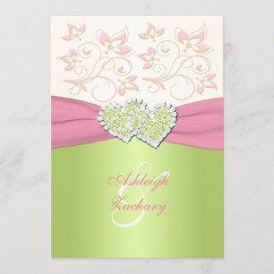 Pink Ivory Green Joined Hearts Monogram Invitation
