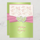 Pink Ivory Green Joined Hearts Monogram Invitation (Front/Back)