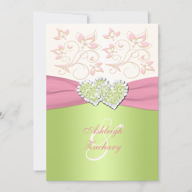 Pink Ivory Green Joined Hearts Monogram Invitation (Front)