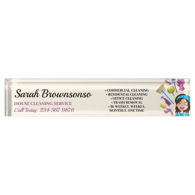 Pink Ivory Janitorial Cartoon Cleaning Elegant Desk Name Plate (Front)