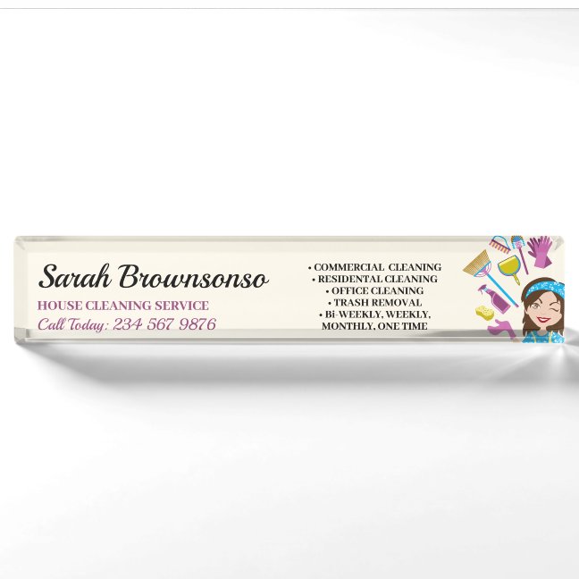 Pink Ivory Janitorial Cartoon Cleaning Elegant Desk Name Plate