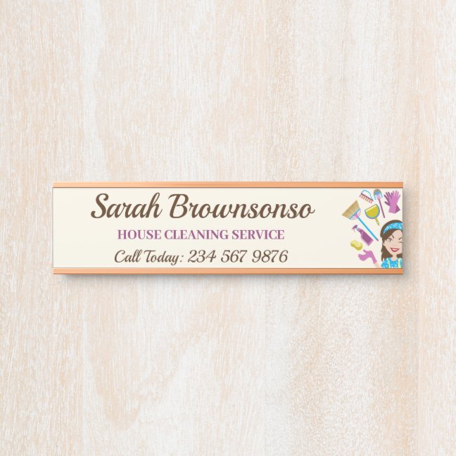 Pink Ivory Janitorial Cartoon Maid House Cleaning Door Sign